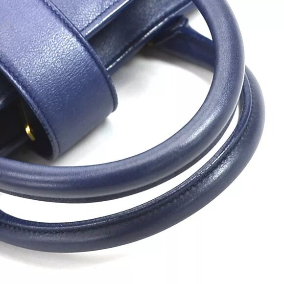 Auth SAINT LAURENT Cabas Handbag Shoulder Bag Navy Leather/Goldtone - Picture 13 of 16